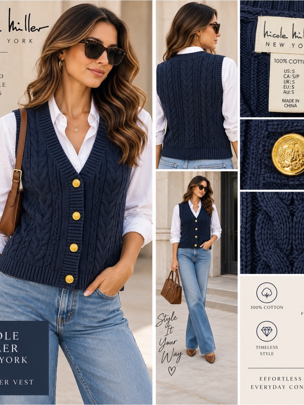 Nicole Miller New York Navy Cable Knit Sweater Vest S Gold Buttons 100% Cotton